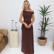 Slant neck sleeveless slit solid color dress