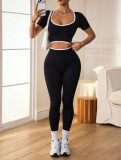 Color blocking round neck short sleeved top, seamless high waisted pants, yoga exercise set