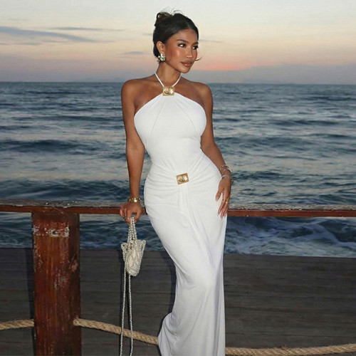 Waist cinched back hollow lace up dress