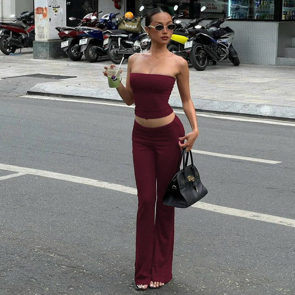 Strapless solid color bell bottom pants set