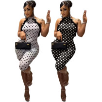 Hanging neck polka dot patchwork flower elastic jumpsuit