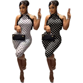 Hanging neck polka dot patchwork flower elastic jumpsuit