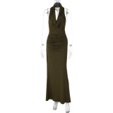 Backless pleated neck hanging long skirt