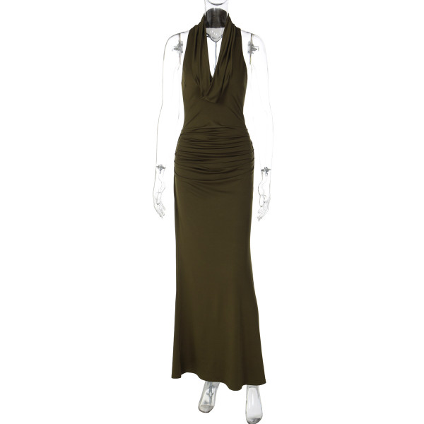 Backless pleated neck hanging long skirt