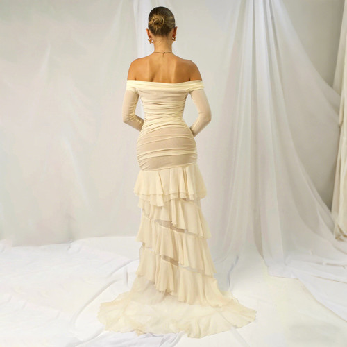 One shoulder mesh patchwork see through dress