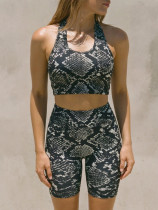 Printed sports neck hanging bra, high waist and hip lifting shorts set
