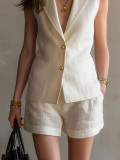 Shoulder padded suit vest+straight leg pants cover
