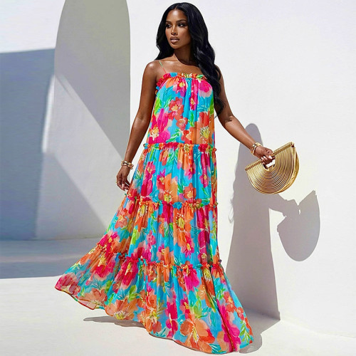 Loose printed dress with suspender lace