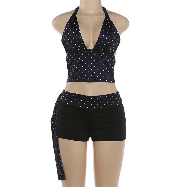 Polka print neck hanging vest leggings set