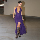Deep V-mesh splicing neck hanging backless dress