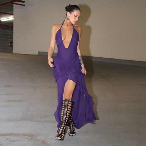 Deep V-mesh splicing neck hanging backless dress