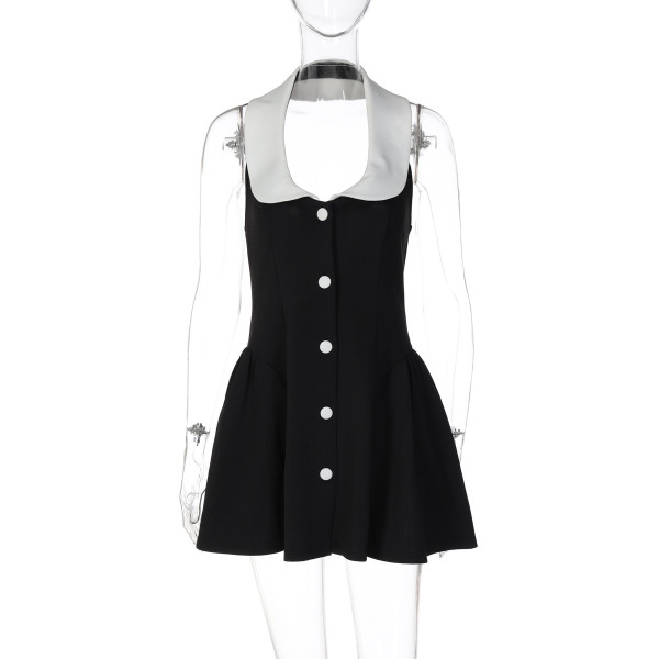 Button neck cinched waist contrasting short puffy skirt