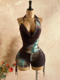 Printed mesh metal decorative ruffle edge deep V-neck jumpsuit