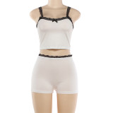 Strap top lace lace low waisted shorts set
