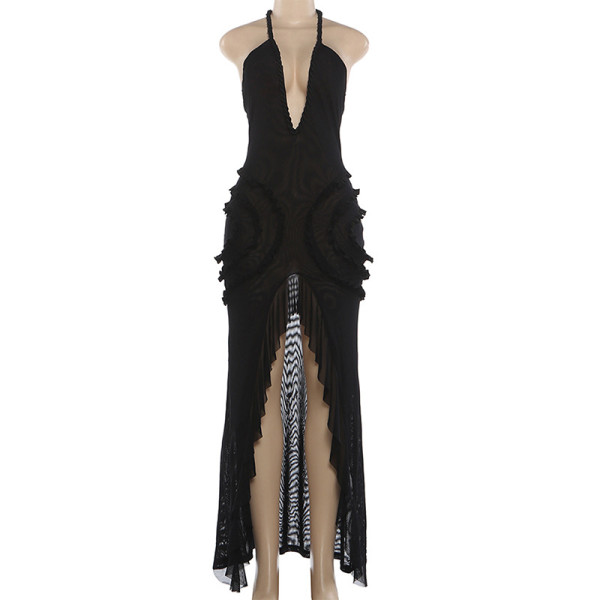Deep V-mesh splicing neck hanging backless dress