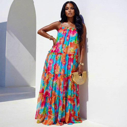 Loose printed dress with suspender lace