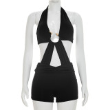 Hanging neck strap backless jumpsuit shorts