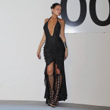 Deep V-mesh splicing neck hanging backless dress