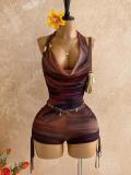Printed mesh metal decorative ruffle edge deep V-neck jumpsuit