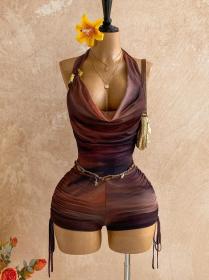 Printed mesh metal decorative ruffle edge deep V-neck jumpsuit