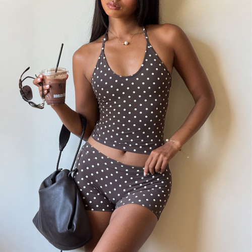 Hanging neck backless top with polka dot print low waist shorts set