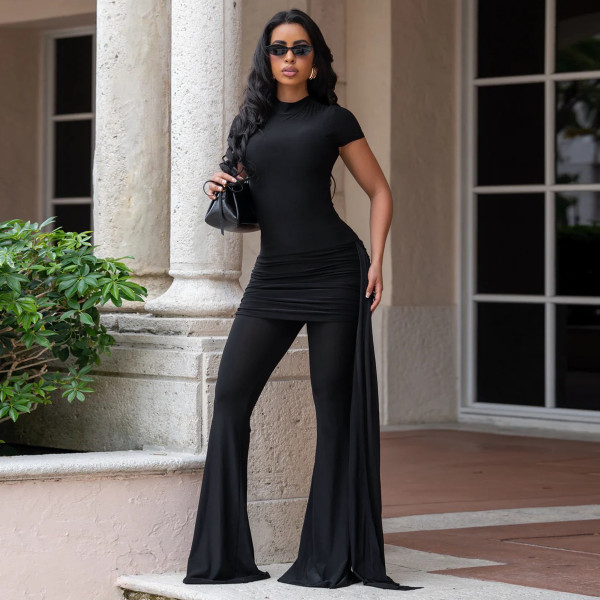 High neck pleated top dress flared pants set M11026