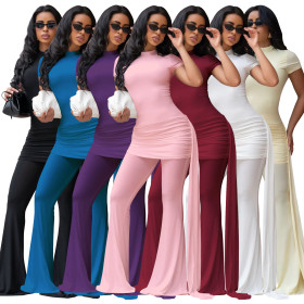 High neck pleated top dress flared pants set M11026