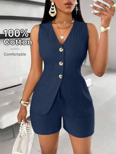 Solid color vest shorts V-neck set