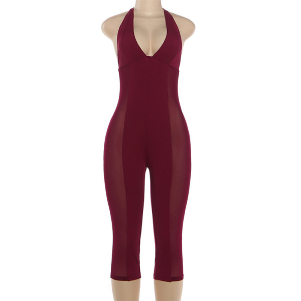 Mesh splicing low cut hanging neck see through jumpsuit