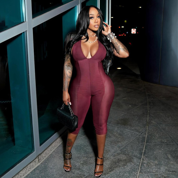 Mesh splicing low cut hanging neck see through jumpsuit