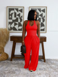 Hanging neck set, high waist pocket, wide leg pants