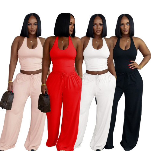 Hanging neck set, high waist pocket, wide leg pants