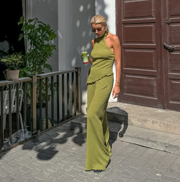 Sleeveless neck hanging vest wide leg pants two-piece set