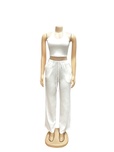 Hanging neck set, high waist pocket, wide leg pants