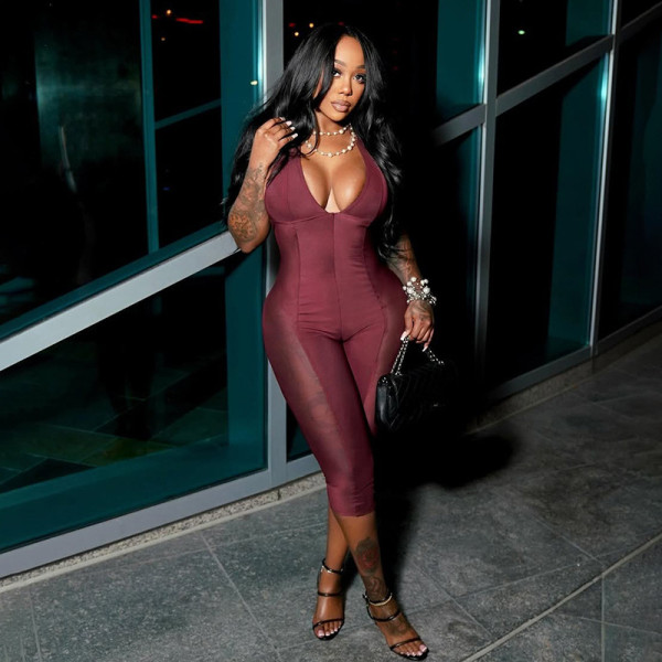 Mesh splicing low cut hanging neck see through jumpsuit