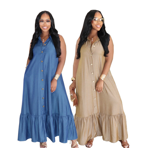 Loose lapel buckle sleeveless ruffle edge skirt