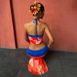Digital printed hanging neck and exposed navel vest skirt set