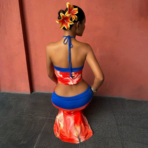 Digital printed hanging neck and exposed navel vest skirt set