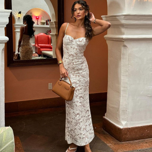 Lace patchwork strap backless long suspender dress
