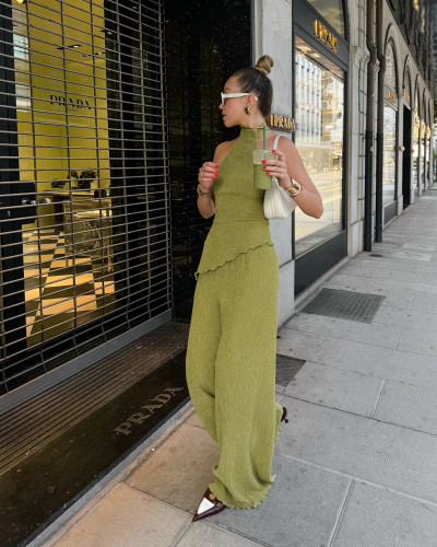 Sleeveless neck hanging vest wide leg pants two-piece set