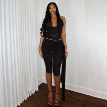 Sleeveless neck hanging lace camisole top and cropped pants set