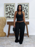Hanging neck set, high waist pocket, wide leg pants