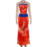 Digital printed hanging neck and exposed navel vest skirt set