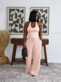 Hanging neck set, high waist pocket, wide leg pants