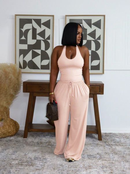 Hanging neck set, high waist pocket, wide leg pants