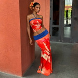 Digital printed hanging neck and exposed navel vest skirt set