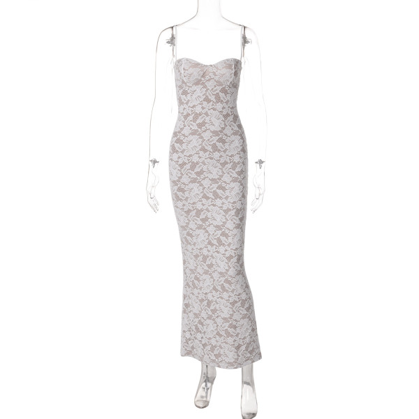 Lace patchwork strap backless long suspender dress