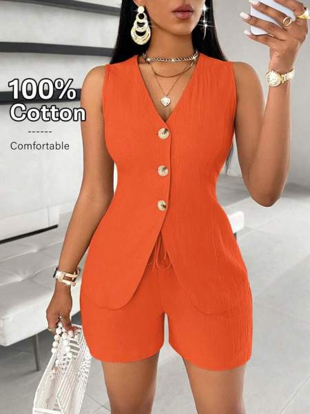 Solid color vest shorts V-neck set