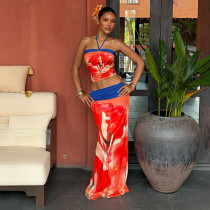 Digital printed hanging neck and exposed navel vest skirt set
