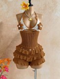 Knitted hand hooked ruffle edge hanging neck strap hollow jumpsuit